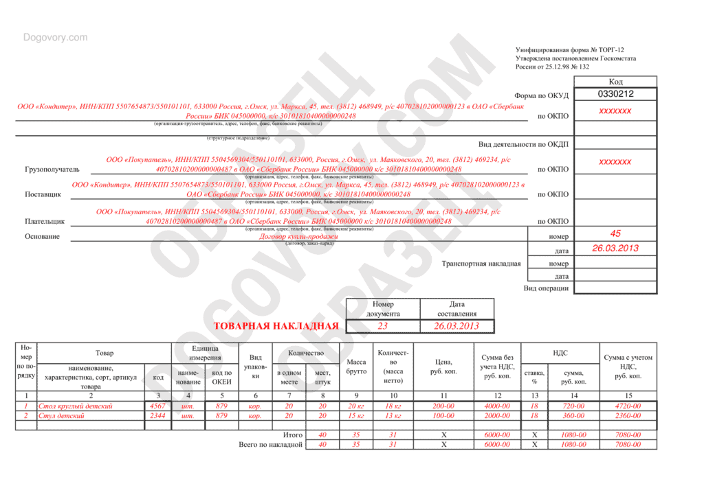 Накладная ТОРГ-12 скачать пример заполнения страница 1