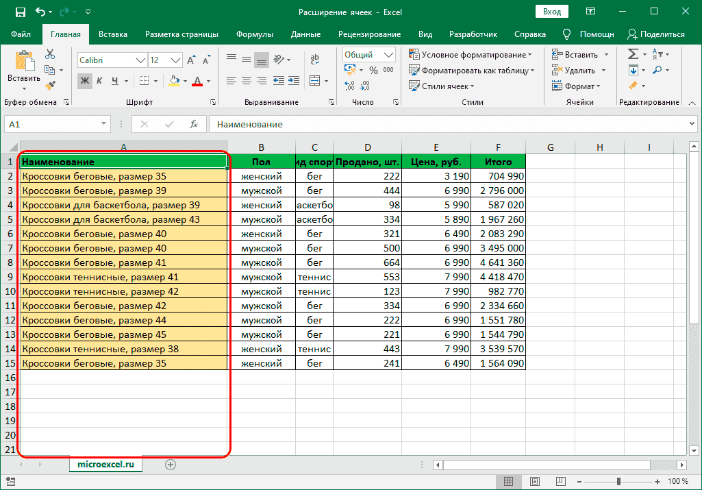 Результат увеличения ширины столбца в Excel