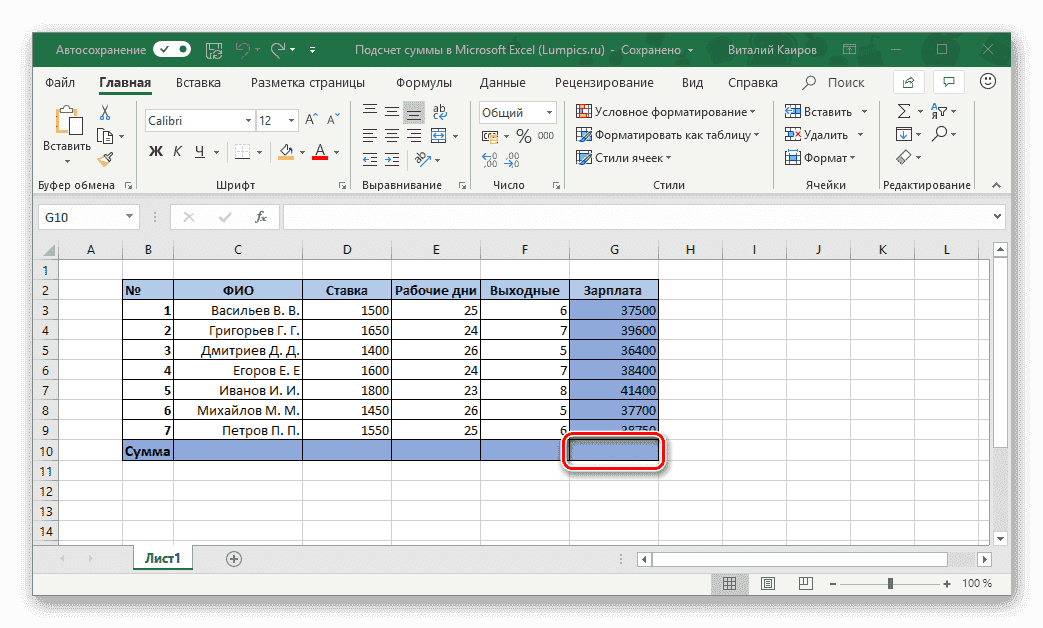 Ячейка для вставки формулы суммы в таблицу Microsoft Excel