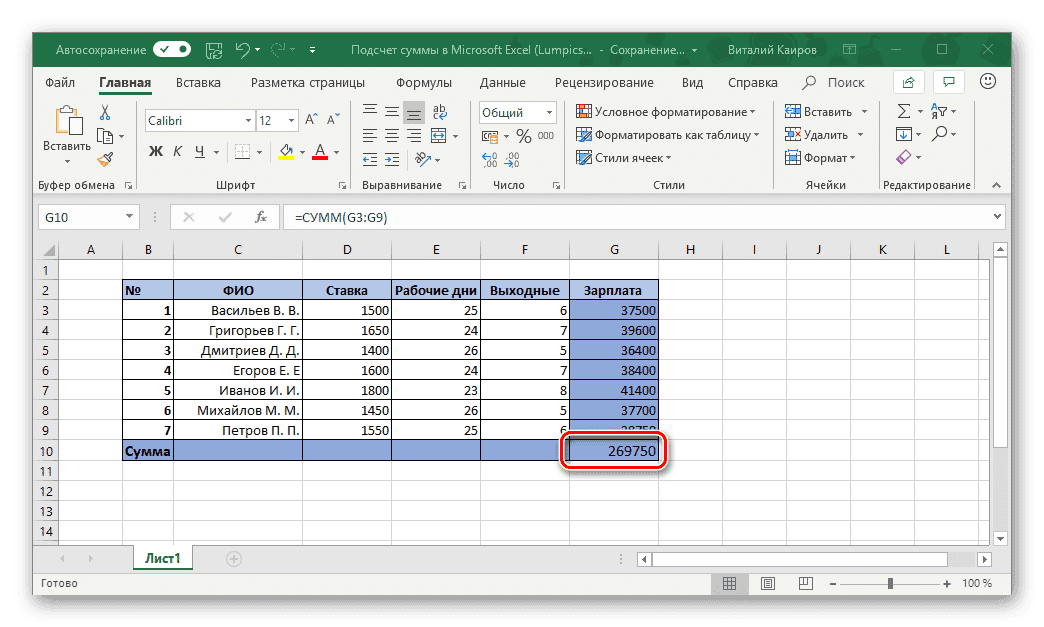 Ячейка с рассчитанной суммой в таблице Microsoft Excel