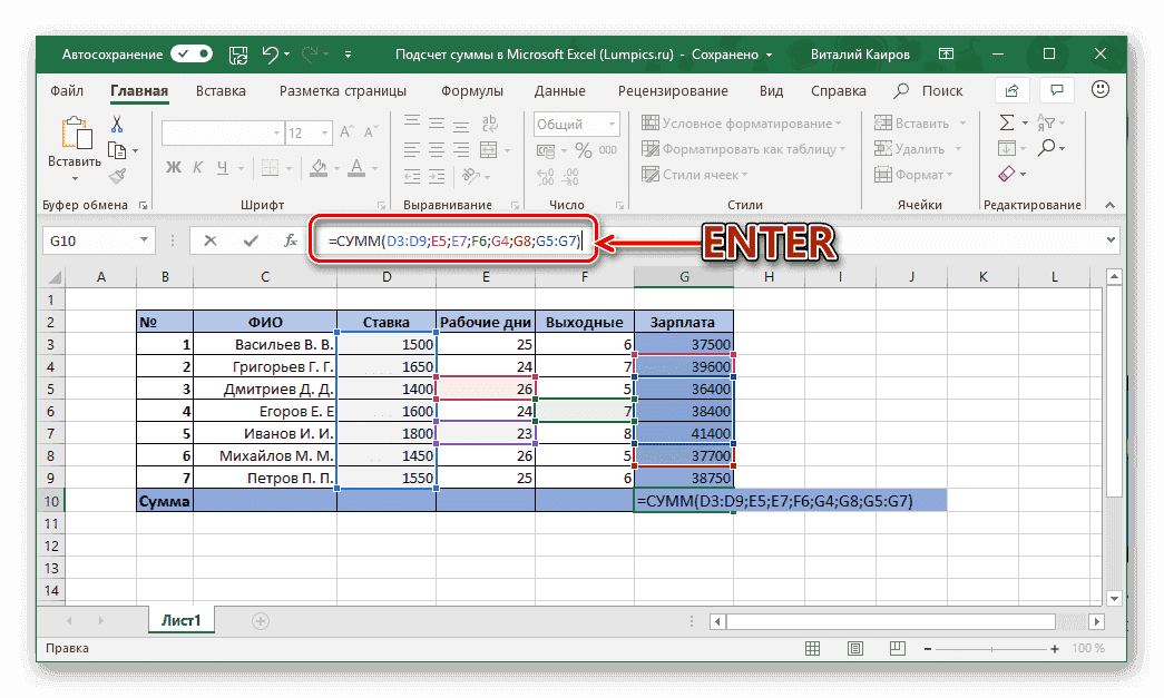 Подтверждение ручного ввода формулы расчета суммы в таблице Microsoft Excel