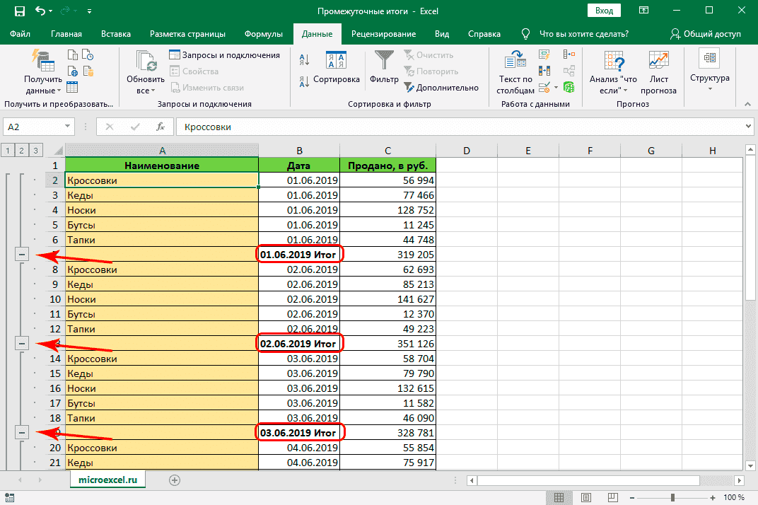 Использование функции промежуточных итогов