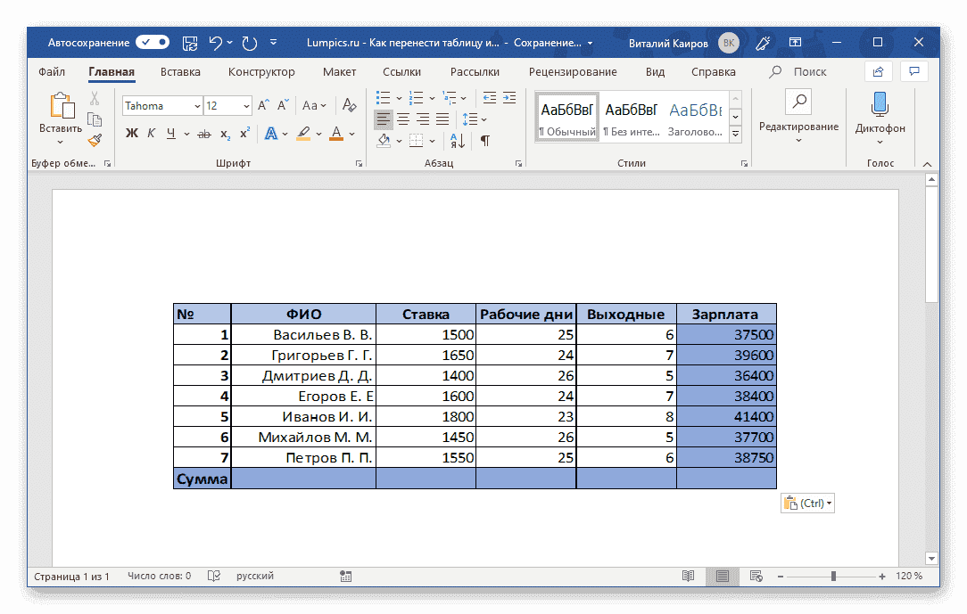 Результат специальной таблицы вставки в Microsoft Word