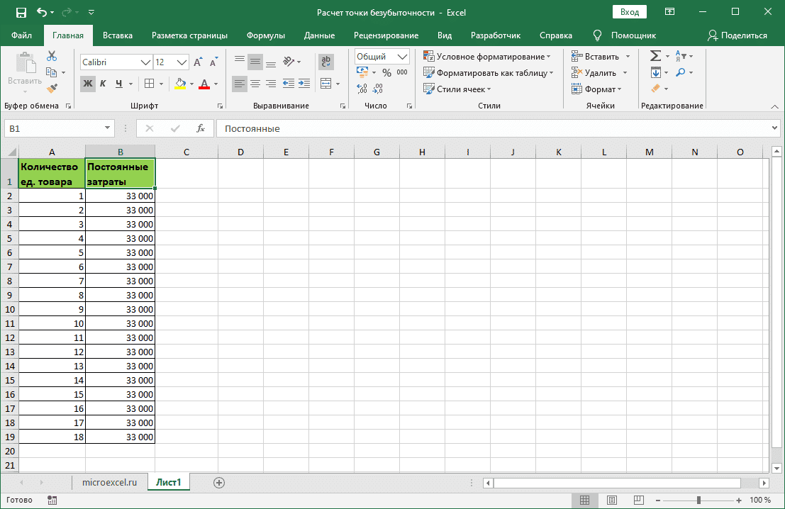 Таблица количества товаров и постоянных затрат в Excel