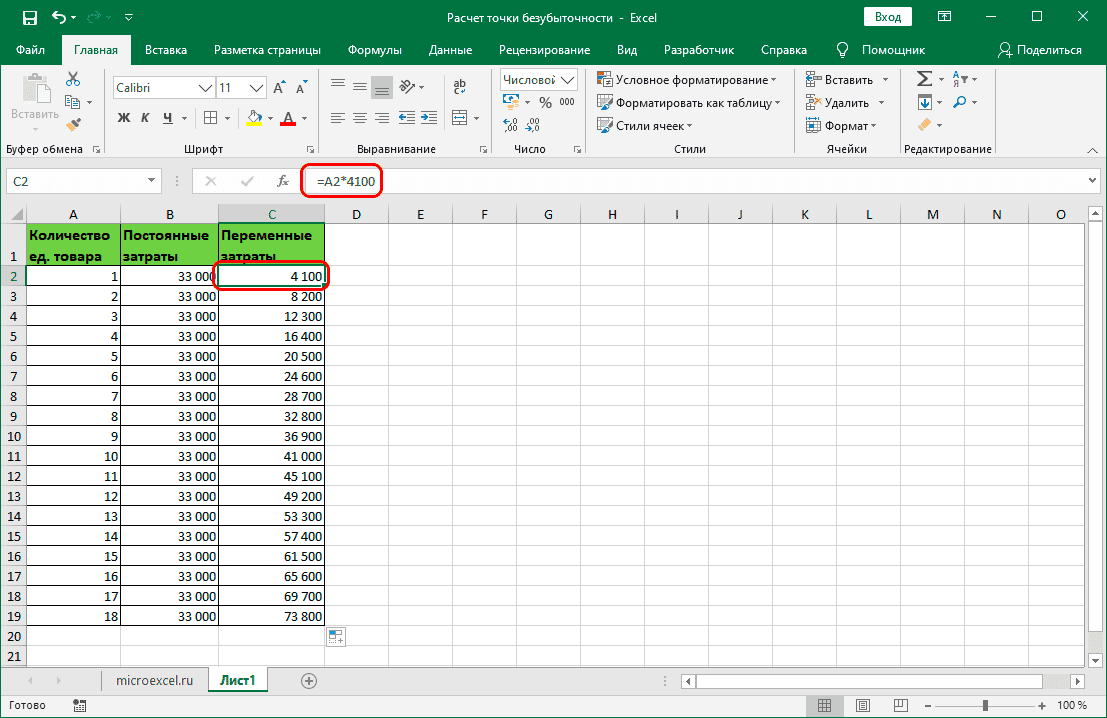Расчет переменных затрат на основе производства в Excel