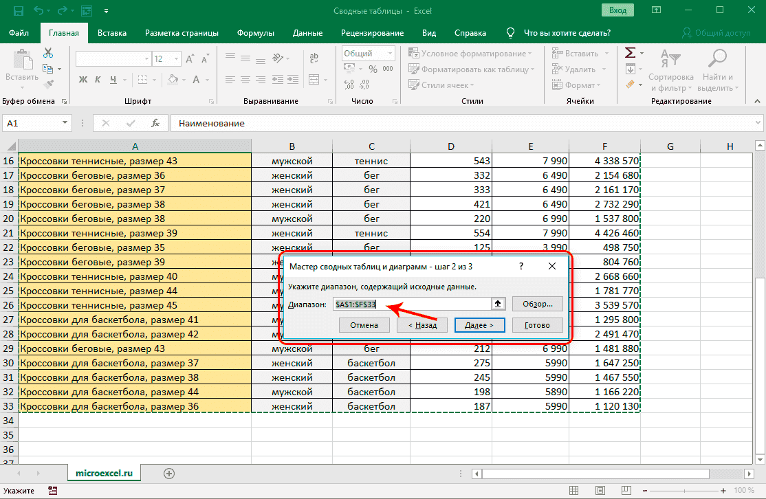 Использование мастера сводных таблиц