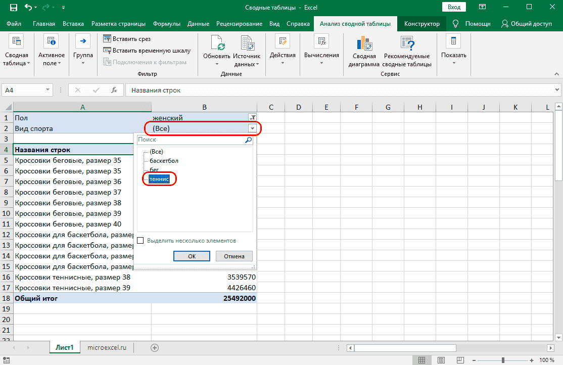 Классический способ составления сводной таблицы