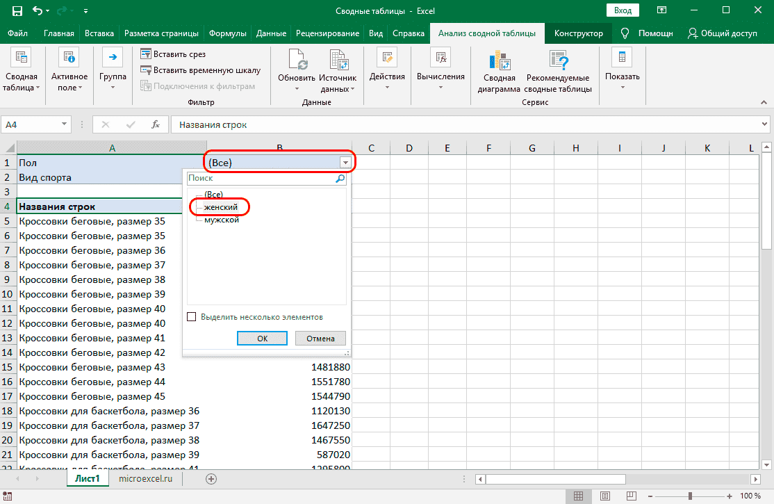 Классический способ составления сводной таблицы
