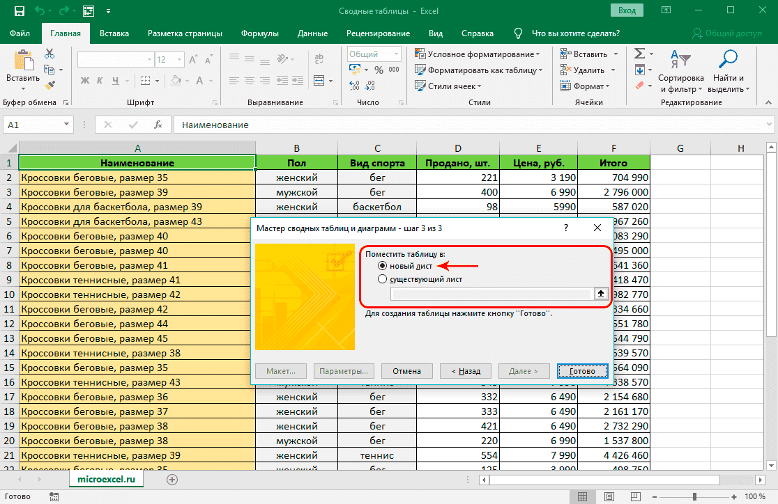 Использование мастера сводных таблиц
