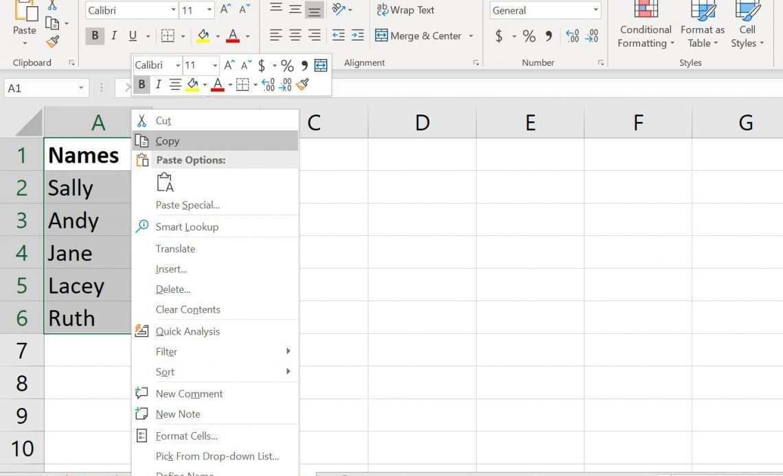Контекстное меню в Excel, щелкните правой кнопкой мыши с выделенной копией.