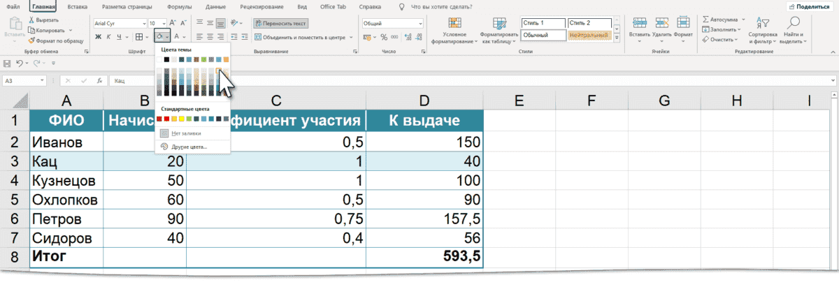 заполнение ячеек