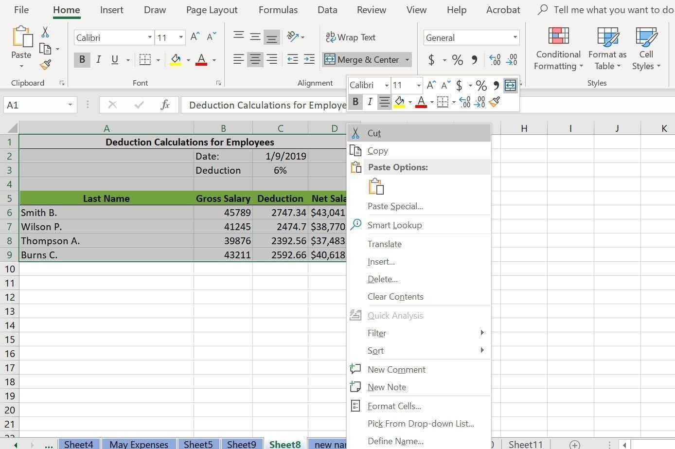 Контекстное меню в Excel, щелкнув правой кнопкой мыши и выбрав «Вырезать.