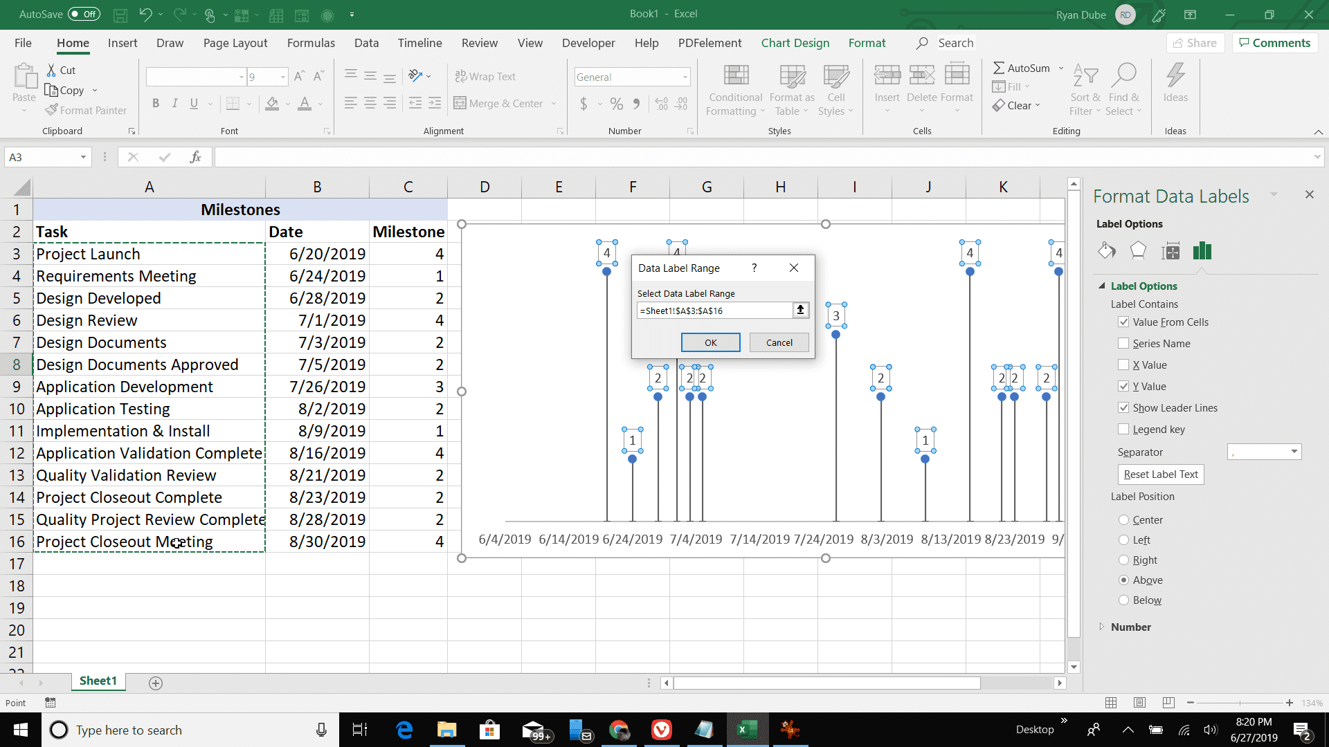 Снимок экрана конфигурации диапазона меток данных