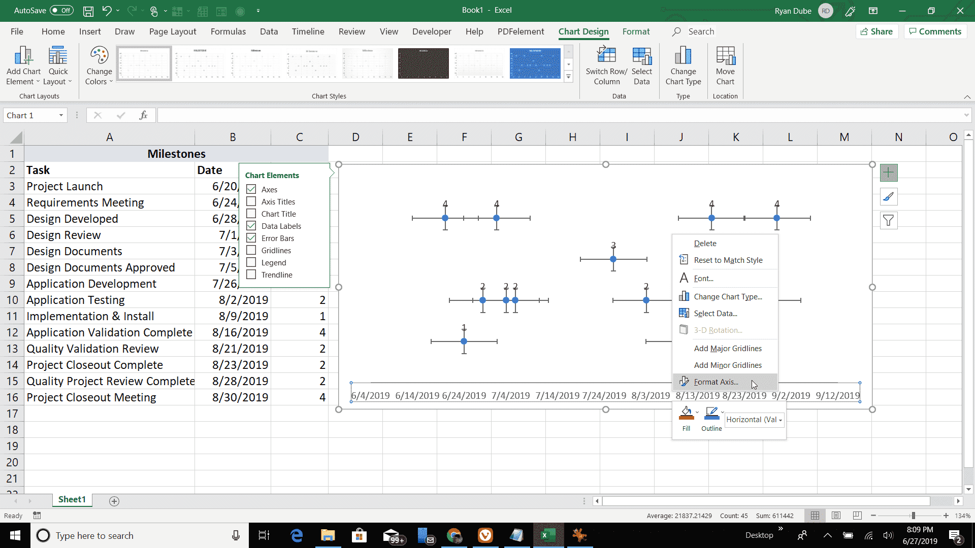 Снимок экрана с форматированием оси точечной диаграммы
