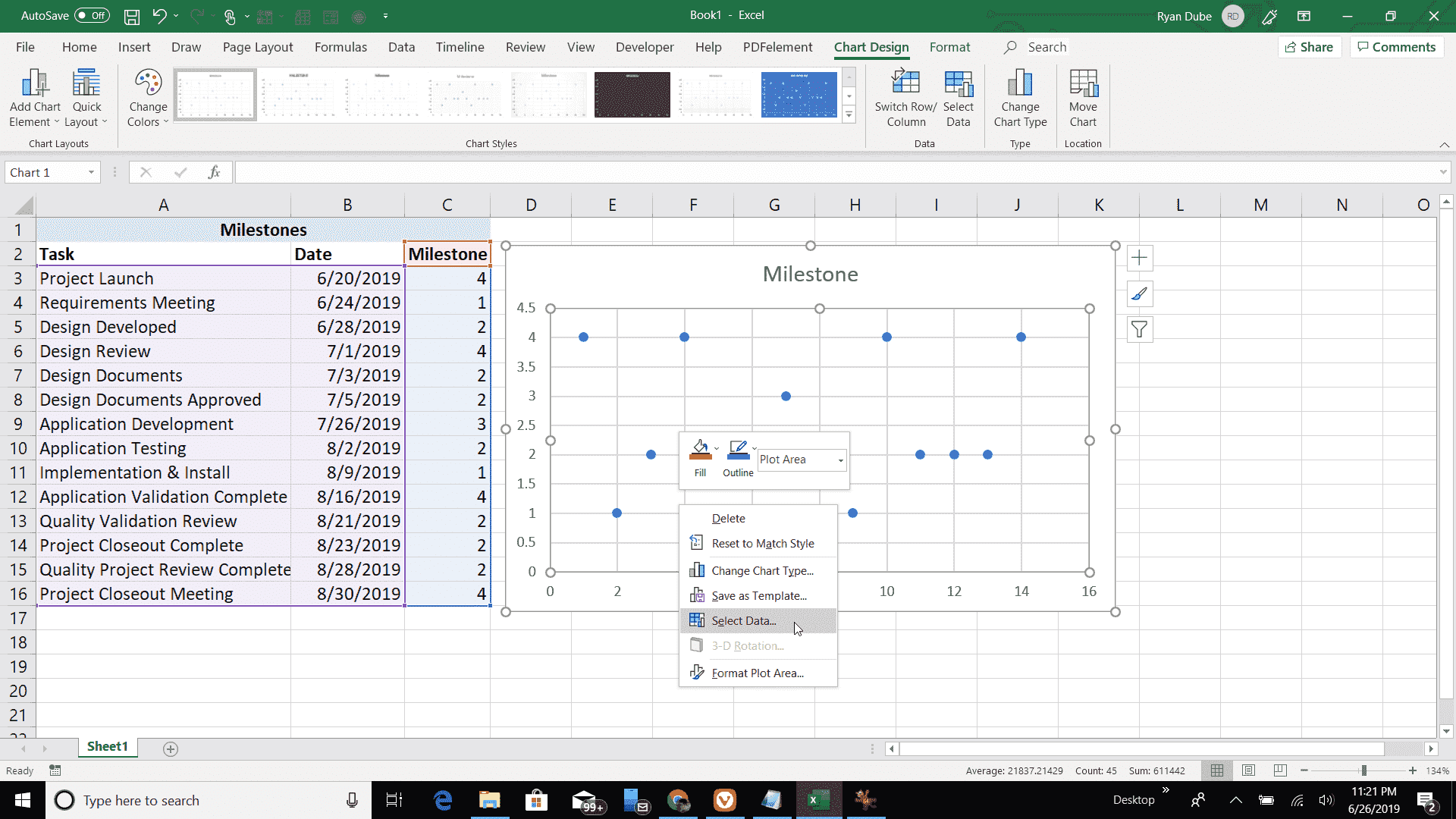 Экран выбора данных точечной диаграммы