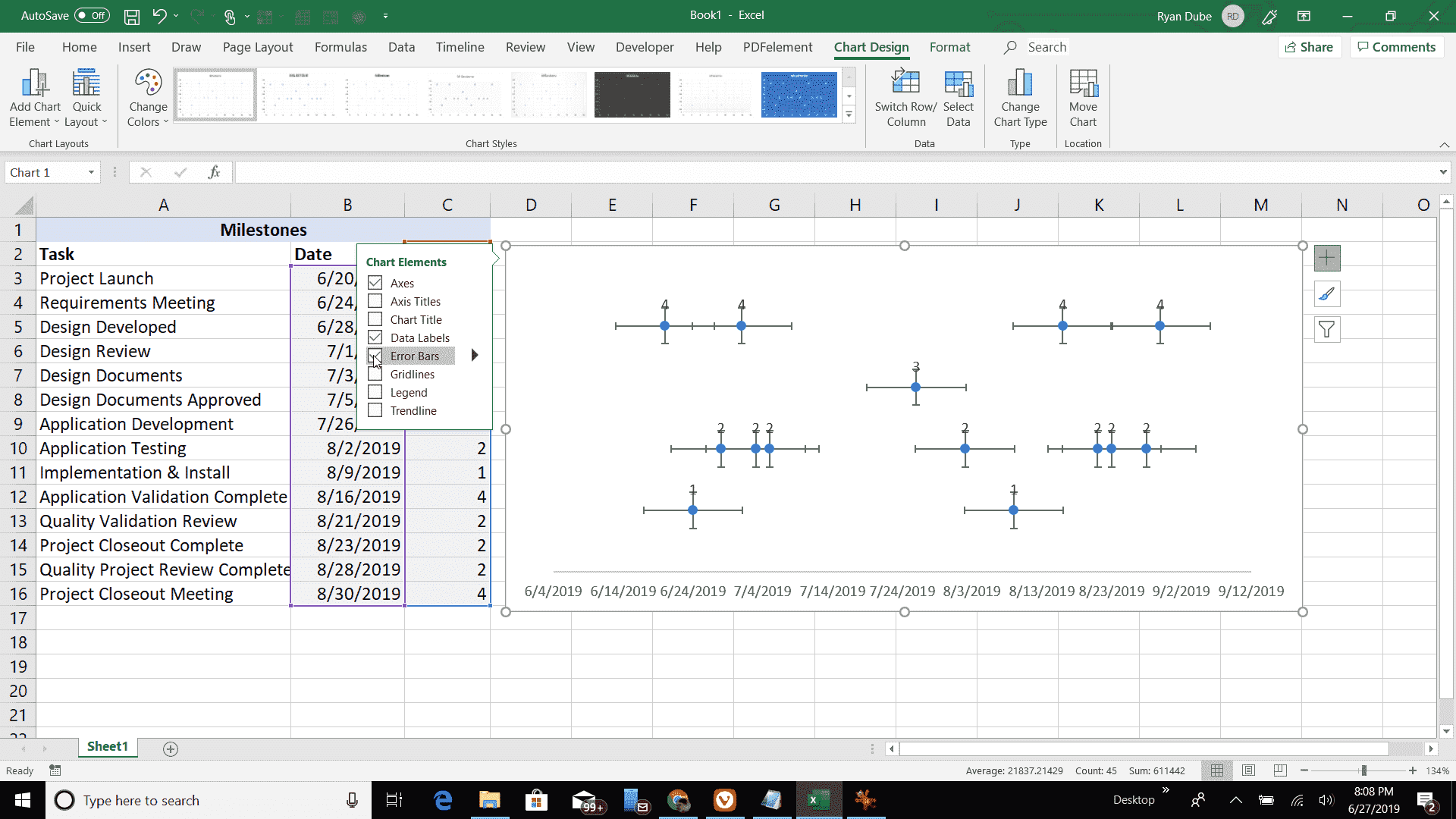 Снимок экрана: выбор полос погрешностей разбросанного графика