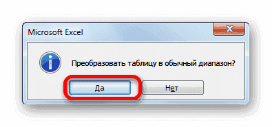 Подтверждение преобразования таблицы в диапазон в Microsoft Excel