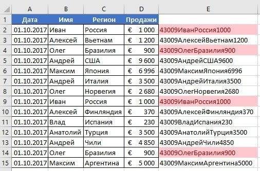 найти повторяющиеся строки в Excel
