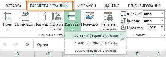 как сделать разметку страницы в Excel 2016