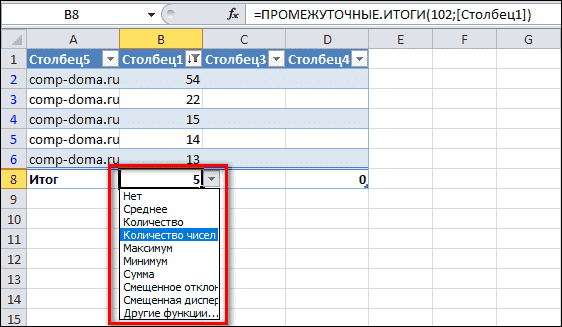 список возможных результатов