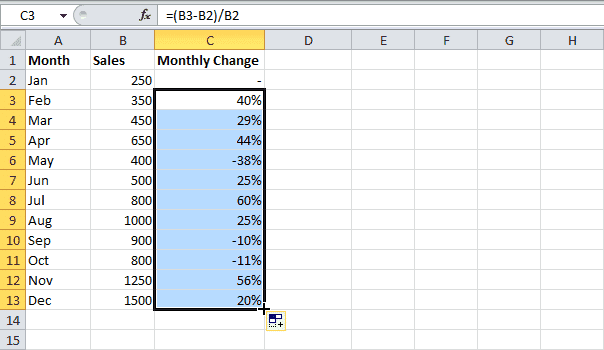 Процентное изменение в Excel