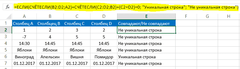 Найдите различия в двух столбцах Excel