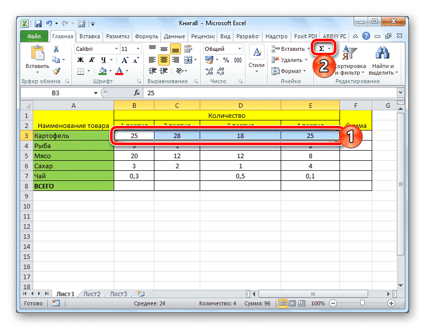 Суммировать значения в таблице с помощью автосуммирования в Microsoft Excel