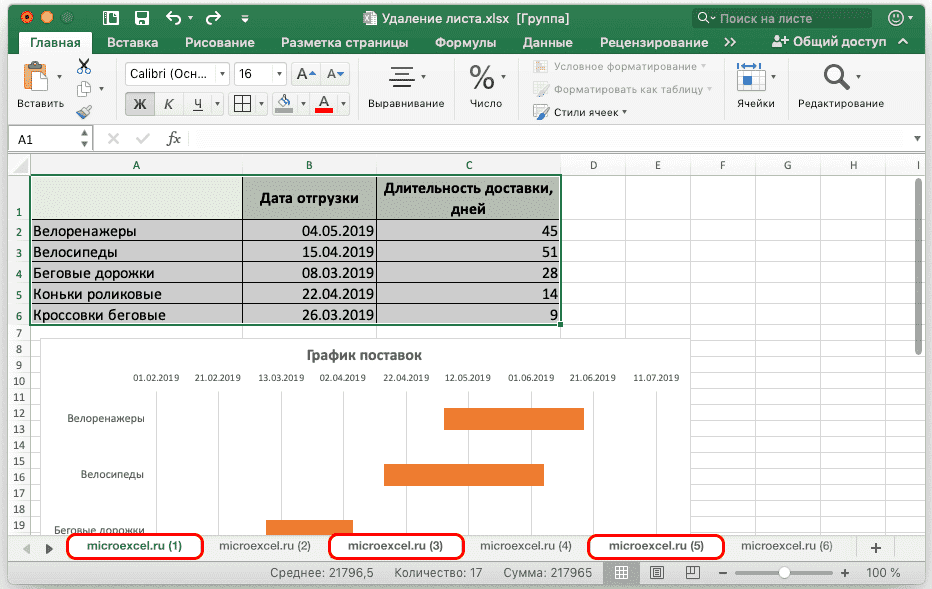 Сочетания клавиш Excel удаляют лист