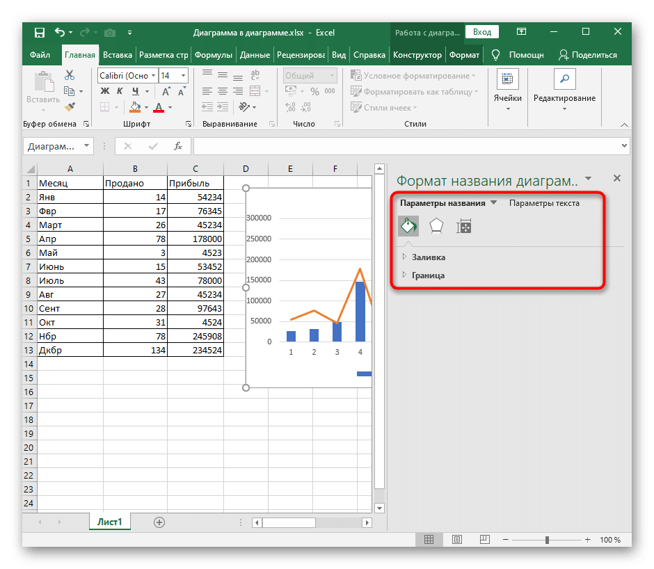 Отображает элемент для изменения формата заголовка диаграммы в Excel