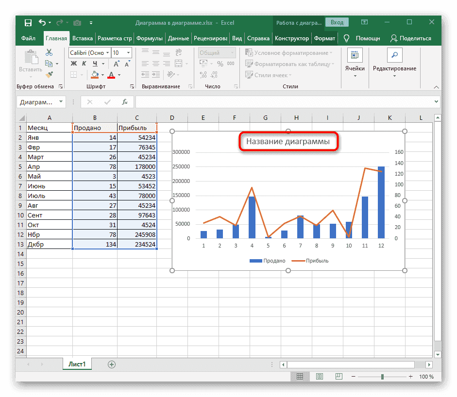 Выделите стандартный заголовок диаграммы для дальнейшего редактирования в Excel