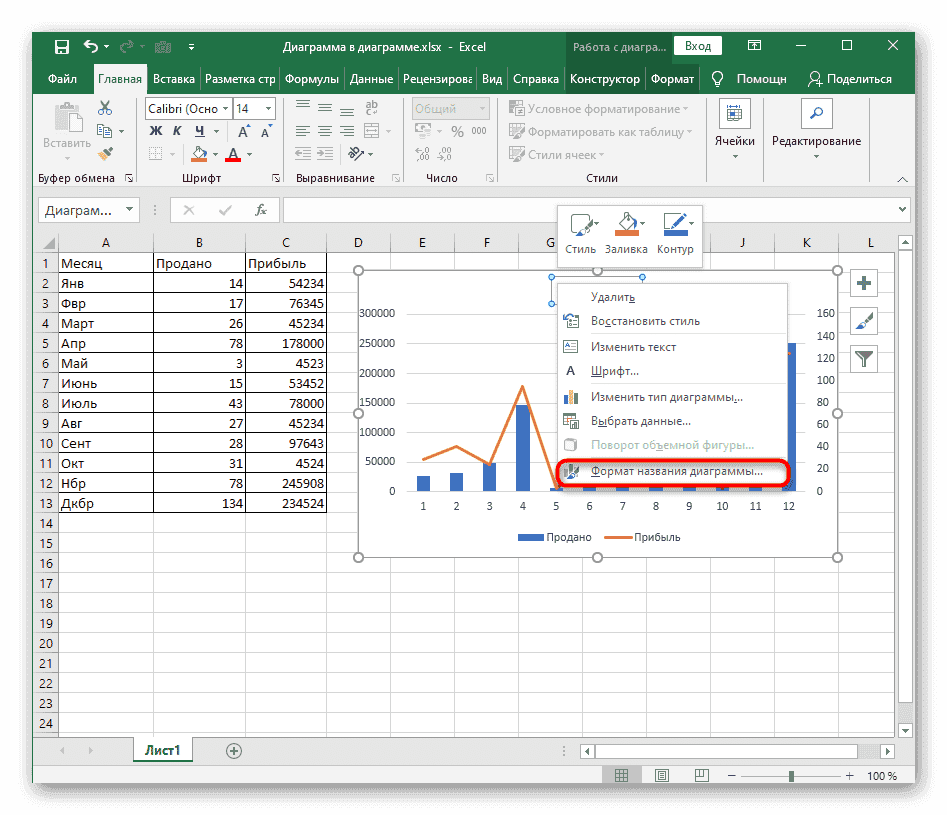 Перейдите к настройкам формата заголовка диаграммы через контекстное меню в Excel