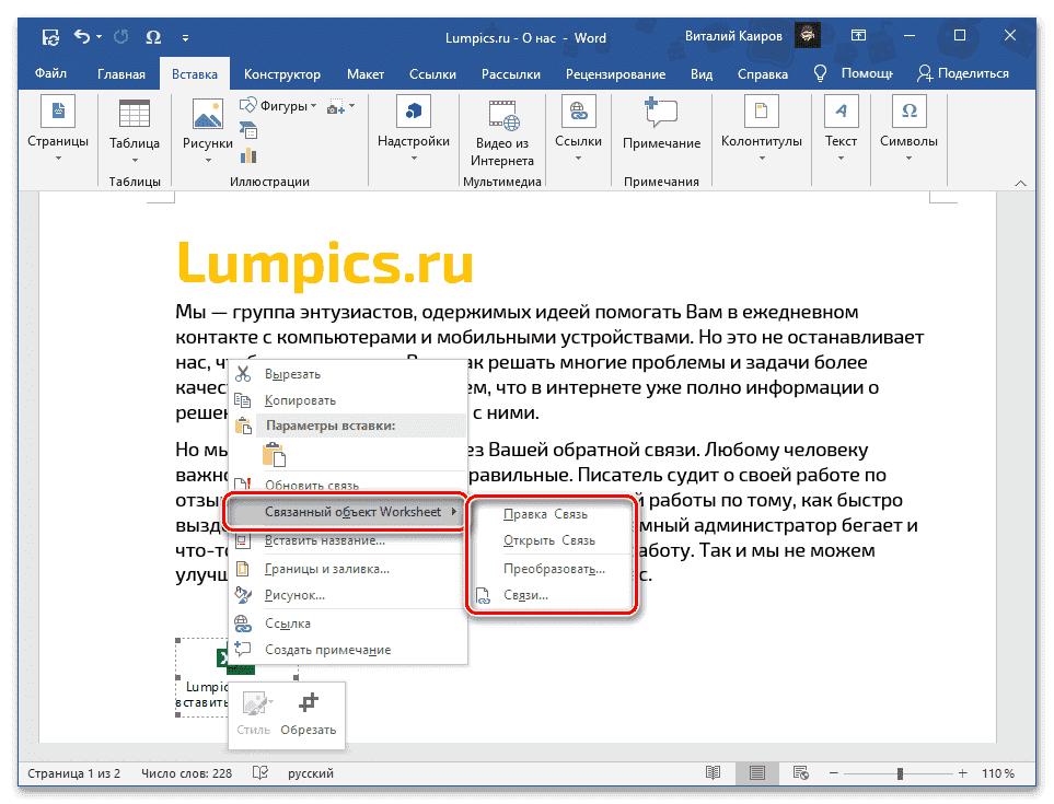 Дополнительные параметры связывания файла с электронной таблицей Excel как объекта в текстовом документе Word